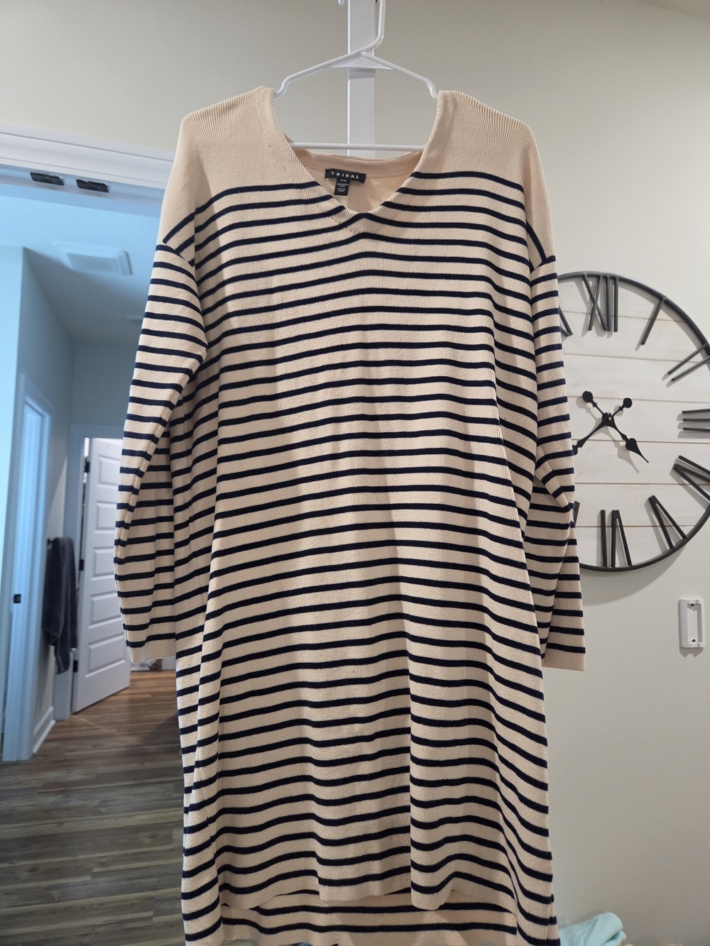 Tribal Cream and Black Striped V-Neck Dress